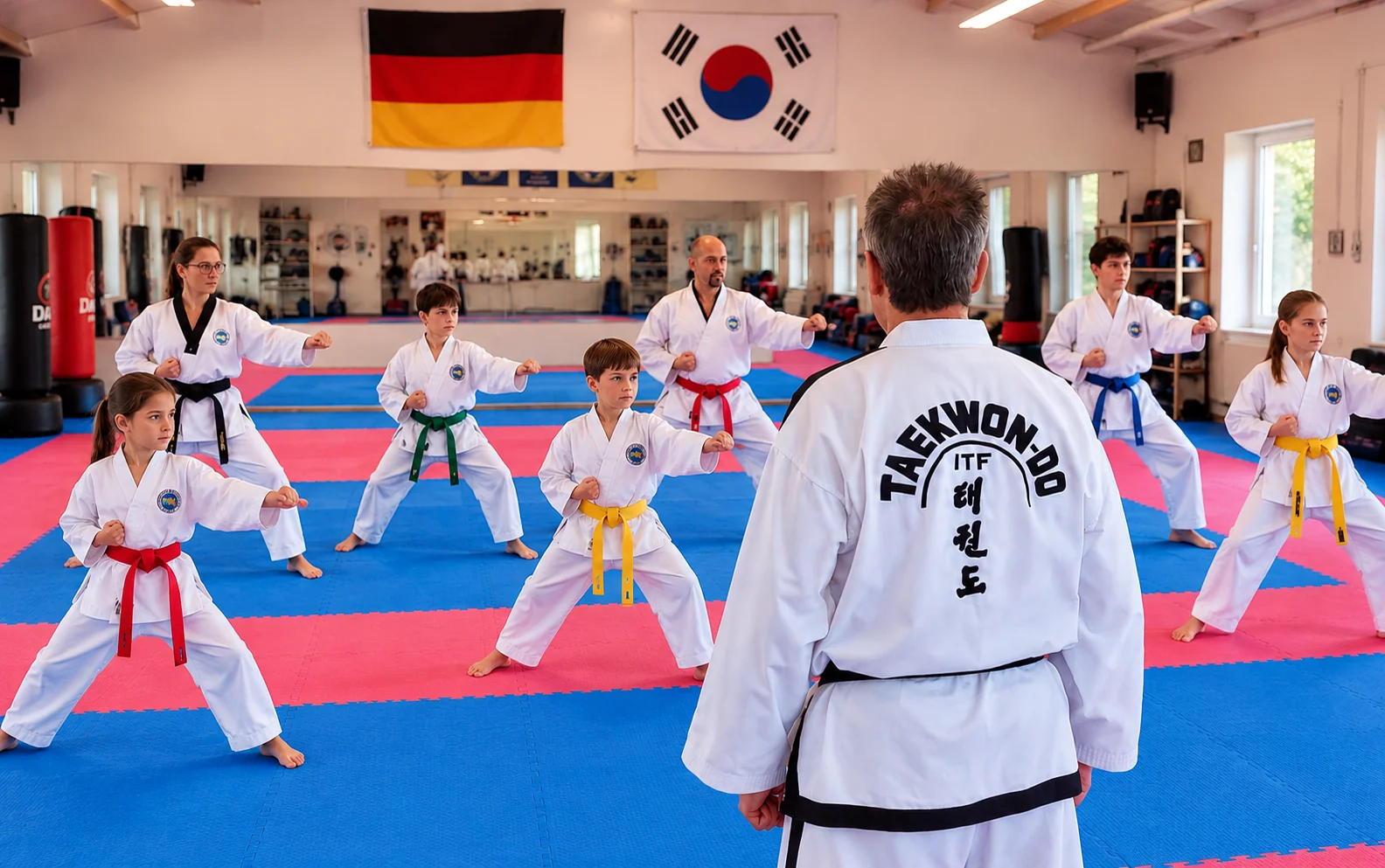 Taekwondo-Gruppe übt Techniken im Trainingsraum